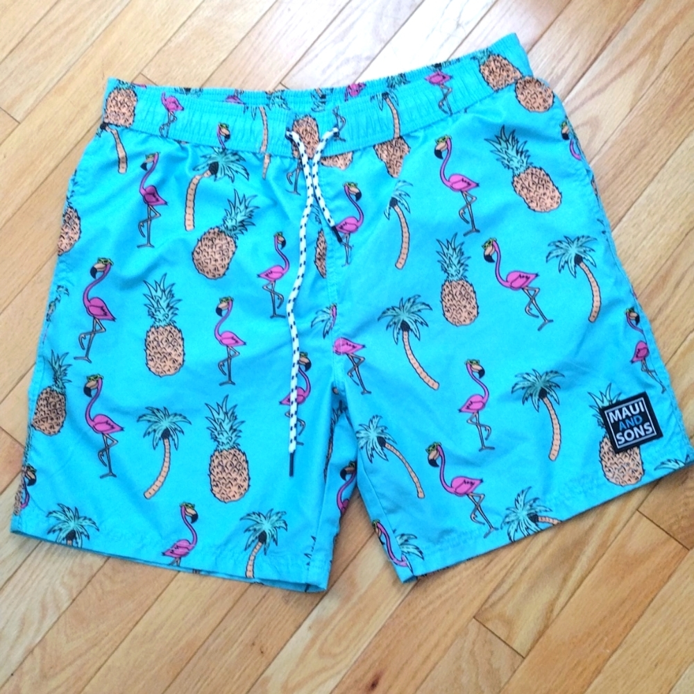 -- Maui and Sons flamingo and pineapple print mesh lined swim trunks